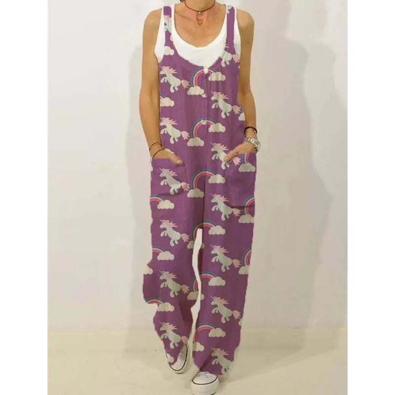 Women's Sleeveless Jumpsuit 2022 Summer Boho Floral Wide Leg Long Pants Rompers Ladies Strap Plus Size Casual Loose Bib Trousers