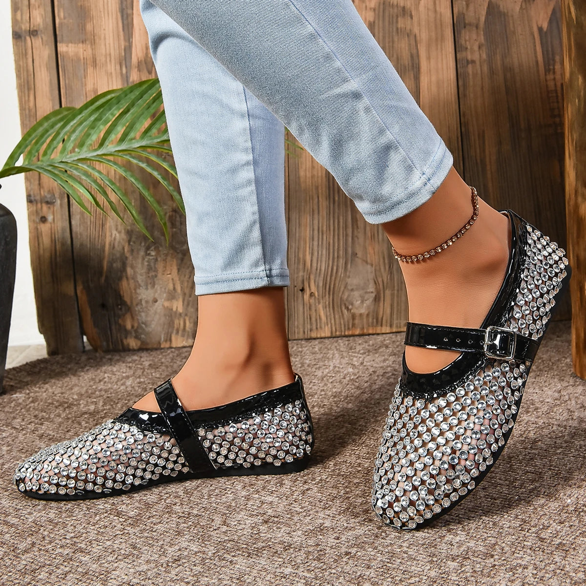 Summer Rhinestone Mesh Hollow Sandals Plus Size 43 Women Flats Shallow 2024 New Mary Jane Shoes Comfort Luxury Female Flat Shoes