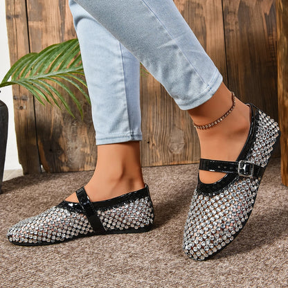 Summer Rhinestone Mesh Hollow Sandals Plus Size 43 Women Flats Shallow 2024 New Mary Jane Shoes Comfort Luxury Female Flat Shoes