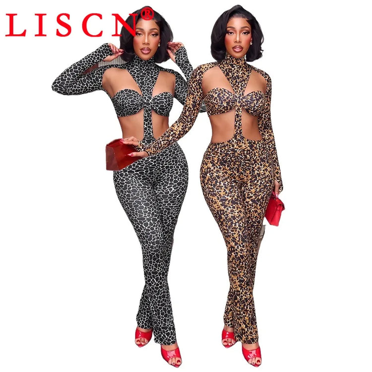 10 Bulk Items Wholesale Lots Jumpsuits Women Long Sleeve Bodycon Sexy Y2k Leopard Printing O-neck Rompers Streetwear K17649