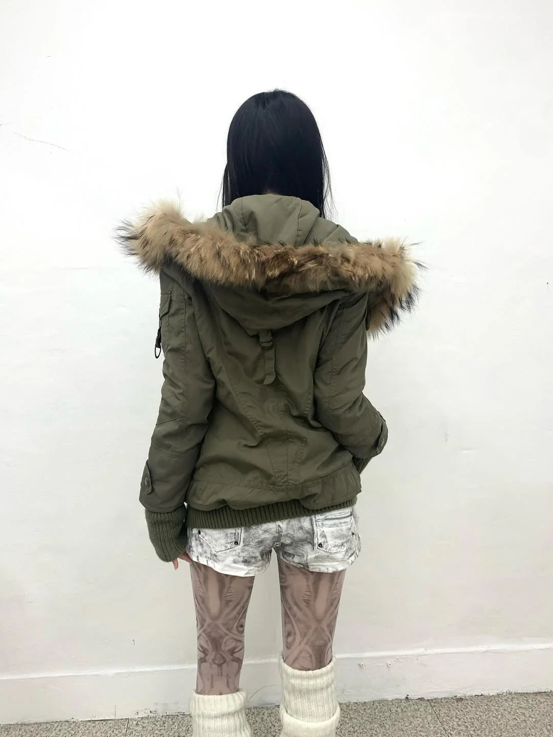 Women's Daily Commute Army Green Thicken with Fur Collar Warm Design Cardigan for Winter Harajuku Japanese Style Simple Jackets
