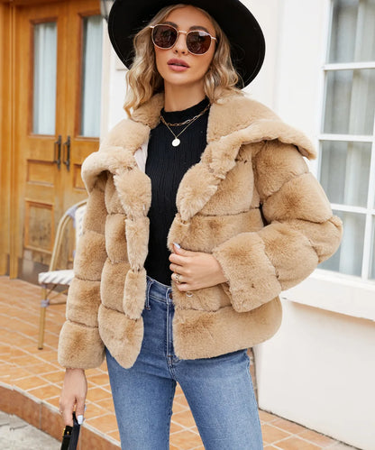 2026 Autumn Winter Turndown Collar Faux Fur Coat Women Casual Long Sleeve Fluffy Plush Jacket Khaki Thick Fake Fur Warm Cardigan