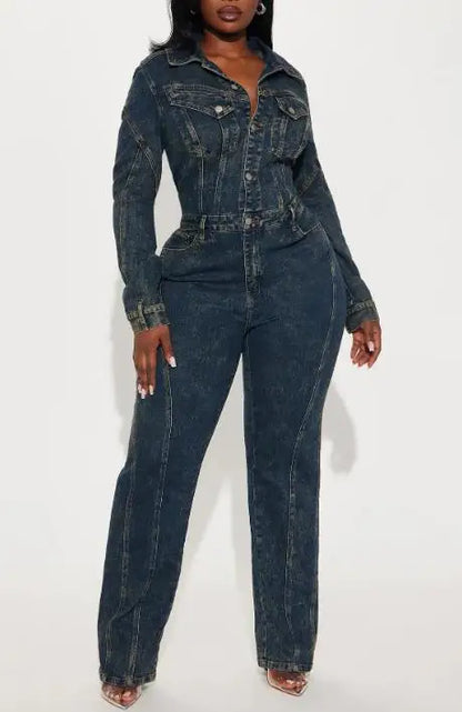 Jumpsuit Women 2026 New Spring Autumn Turn-Down Collar Long Sleeved Pocket Design High Waist Streetwear Casual Denim Jumpsuit