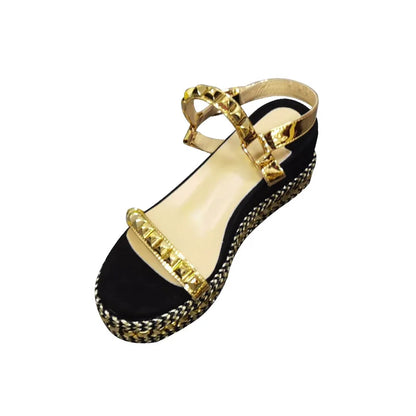 Rivet Platform Women Sandals Chunky Thick High Heels 5CM Waterproof Open Round Toe Golden Patchwork Summer Luxury Fashion Style