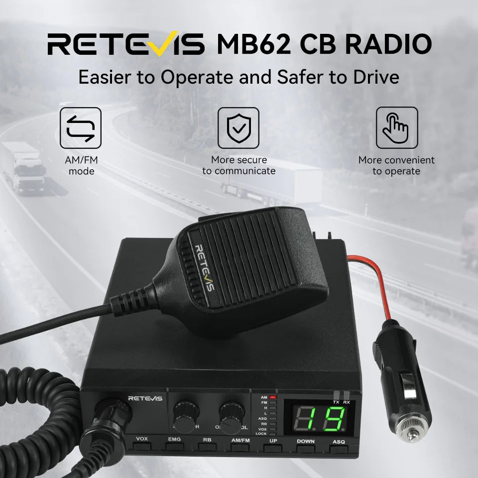 Retevis MB62 CB Radio 27Mhz AM/FM Mobile Car Handheld Communicator Long Range Radios Instant Channel 9/19 for Truckers