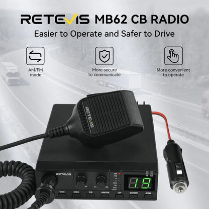 Retevis MB62 CB Radio 27Mhz AM/FM Mobile Car Handheld Communicator Long Range Radios Instant Channel 9/19 for Truckers