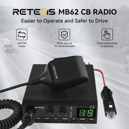 Retevis MB62 CB Radio 27Mhz AM/FM Mobile Car Handheld Communicator Long Range Radios Instant Channel 9/19 for Truckers
