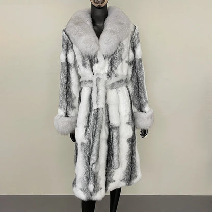 2024 New Autumn Winter Thickened Fur Coat for Women Rabbit Fur One-piece Long Style Real Fox Fur Collar Fashion Warm Coat Women