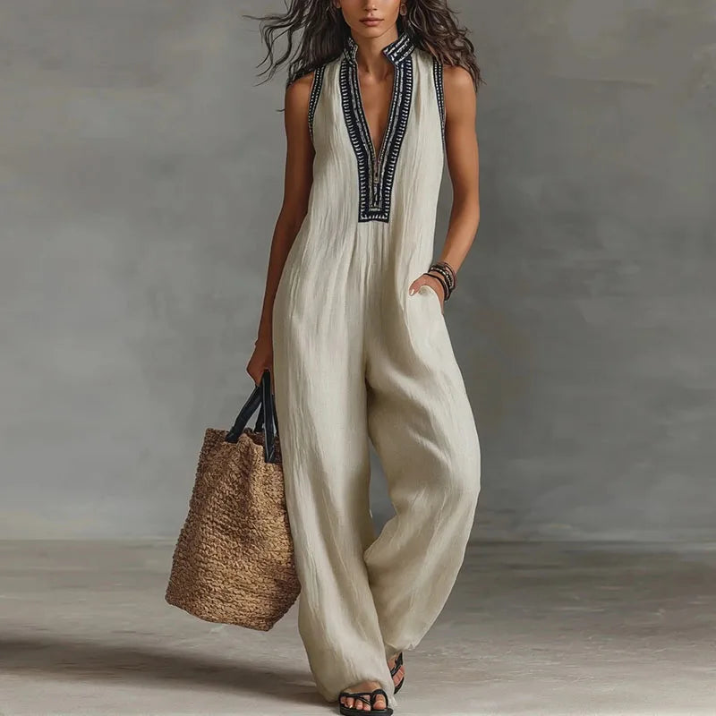 Bohemian Vacation Jumpsuit for Woman 2026 Spring Sexy Print Deep V Neck Hollow Rompers Summer Sleeveless Wide Leg Pants Overalls