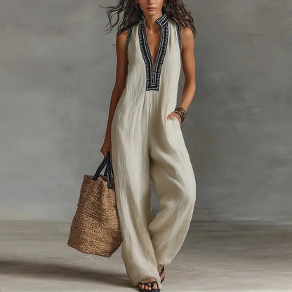 Bohemian Vacation Jumpsuit for Woman 2026 Spring Sexy Print Deep V Neck Hollow Rompers Summer Sleeveless Wide Leg Pants Overalls
