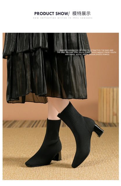 Black Square Toe Knit Sock Boots Elastic Slim Thick Block Heel High Heels Short Boots Fashion Autumn Casual Skinny Ankle Boots