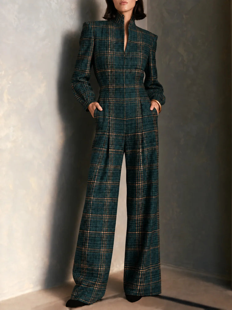 Temperament Plaid Printed Jumpsuit For Women Spring Autumn Fashion High Waist Wide Leg Romper Ladies Casual Jumpsuit With Pocket