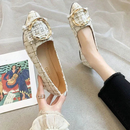 Spring Autumn Casual Fashion Pointed Toe Fabric High Heels Comfortable Simple Metal Decorated Low Heel Women's Shoes NO:A1701