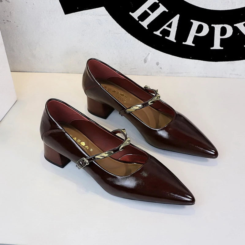 Women Korean Vintage Soft Split Cow Leather Pointed Pumps Simple Single Metal Buckle Strap Mid Chunky Heel Comfort Office Daily