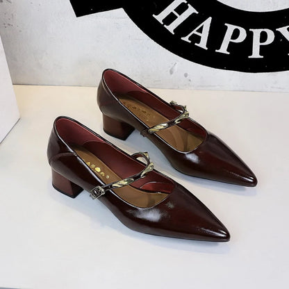 Women Korean Vintage Soft Split Cow Leather Pointed Pumps Simple Single Metal Buckle Strap Mid Chunky Heel Comfort Office Daily