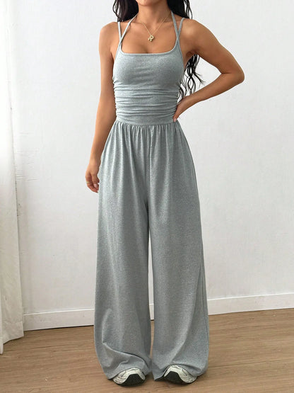 Women Halter Spaghetti Strap Jumpsuits Summer Casual Elastic High Waist Backless Wide Leg Long Pants Romper Club Party Overalls