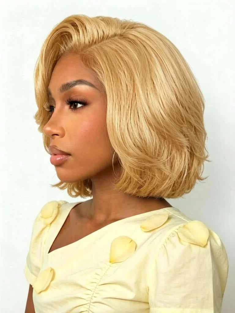 13x4 Lace Front Human Hair Wig 180 Density Honey Blonde Side Part Layered Bob Wig, Silky Straight Wigs For Women Daily Styling