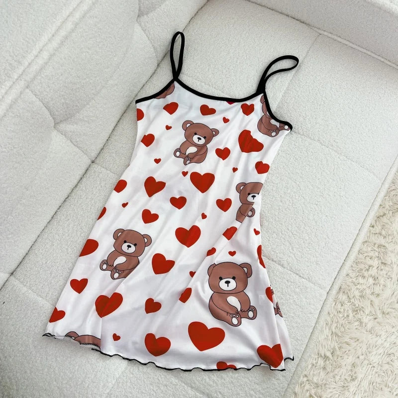 FINETOO Summer Teddy Bear Sleepwear Women Seamless Hearts Butterfly Floral Printed Sleeveless Ruffled Loungewear Cute Nightdress
