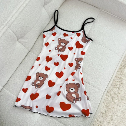 FINETOO Summer Teddy Bear Sleepwear Women Seamless Hearts Butterfly Floral Printed Sleeveless Ruffled Loungewear Cute Nightdress