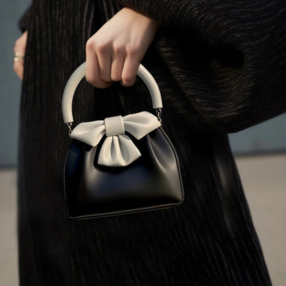 Handbag Textured Small Bag for Women 2026 New Arrival Spring and Summer Style Pleated Satchel Bag Contrast Colorbows Bucket Bag