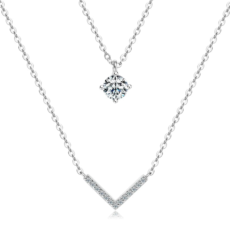 RAPRGOLD Certified Moissanite V-shape Pendant Double Necklaces Chains for Women S925 Sterling Silver Fine Jewelry Gifts Collares
