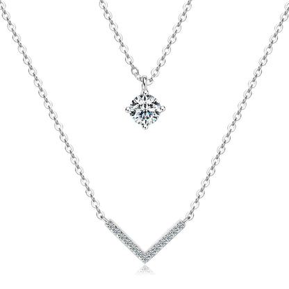 RAPRGOLD Certified Moissanite V-shape Pendant Double Necklaces Chains for Women S925 Sterling Silver Fine Jewelry Gifts Collares