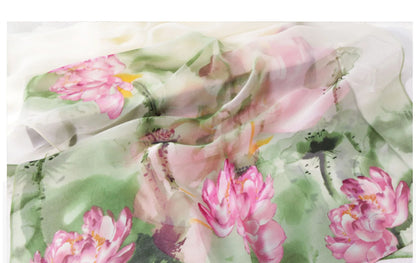 Ink Painting Lotus Summer Beach Sun Protection Chiffon Georgette Scarf Women Foulard Shawl Bandana Elegant Thin Breathable