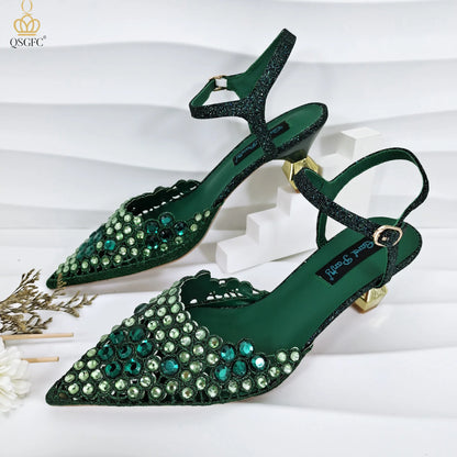 Party Style African Women's Shoes Bags Rhinestone Embellished Pointed Toe Cutout Heels Square Clutch Bag