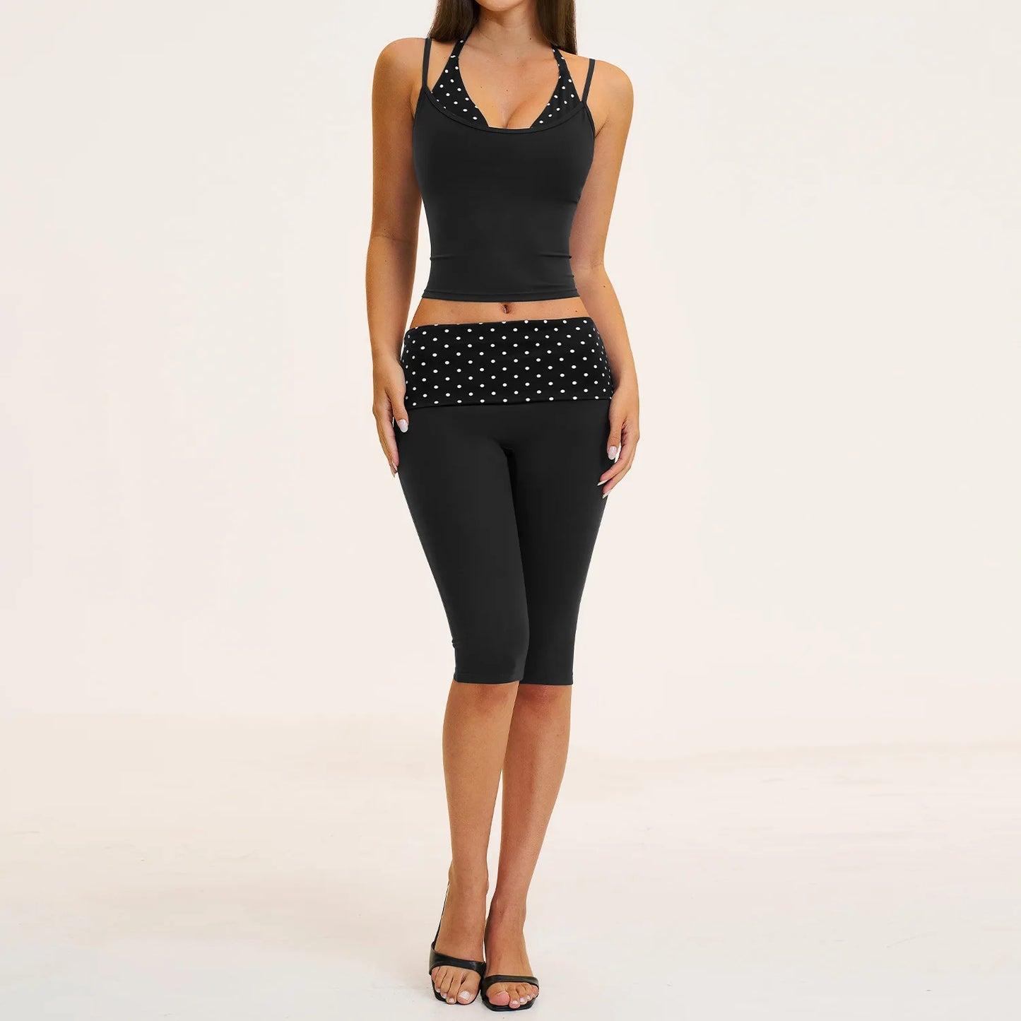 2PCS Stripes Fitness Suit Women's Tracksuits Polka Dot High Waist Workout Capri Pants Sports Set Female Yoga Sports Clothes