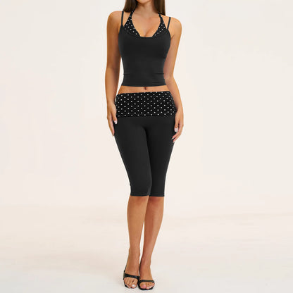 2PCS Stripes Fitness Suit Women's Tracksuits Polka Dot High Waist Workout Capri Pants Sports Set Female Yoga Sports Clothes
