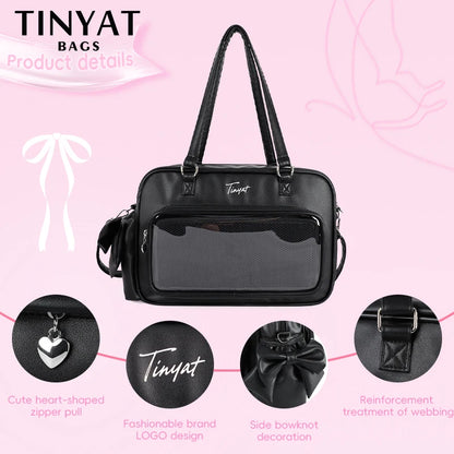 TINYAT PU Y2K Ita Bag Tote Lolita Girl Clear Window Display Message Bag Large Capacity Daily Commuting Handbag for Women School