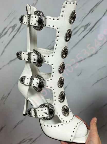 Women's 2026 Peep Toe Rhinestone Buckle Cutout Gothic Floral Mid-Calf Boots Punk Motorcycle Party Shoes with Rivets