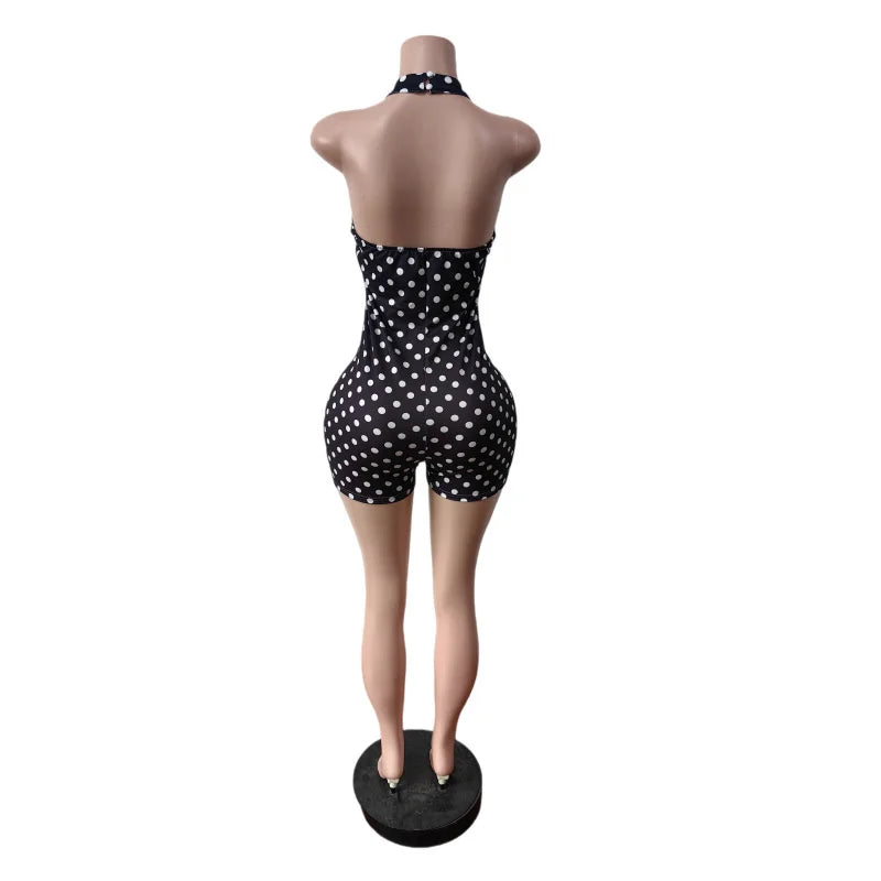 Polka Dot Retro Playsuit for Women Rompers Y2K Club Party Halter V-neck Backless Skinny One Pieces Jumpsuit Combishort Femme