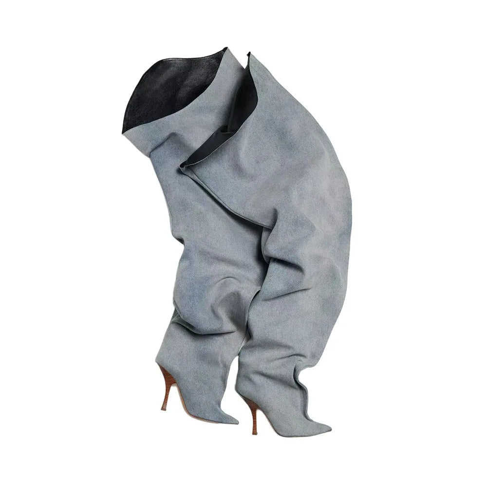2026Autumn and Winter New Women's Wide Leg Stiletto High Heel Knee Long Boots Pointed 34-45 Large Leg Women's Boots