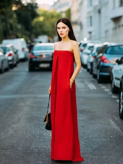 Sexy Jumpsuit Women Breast Wrap Red Summer Thin High Waist Pocket Lady Loose Elegant Wide Leg Pants Long Jumpsuits