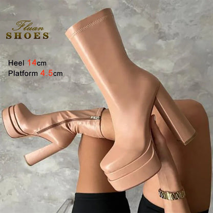 Foreign Trade Women's Shoes Fashion Super High Heels Platform Short Boots New Chunky Heel Mid-calf Boots Casual Ankle Boots CD