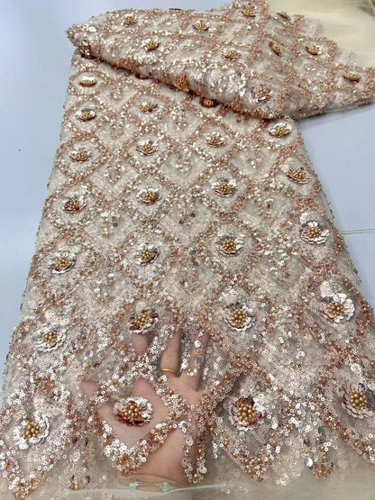 Luxury African Beaded Sequins Pearl Lace French Tulle Fabric 2026 High Quality Nigerian Design for Party Dress Sewing 2026