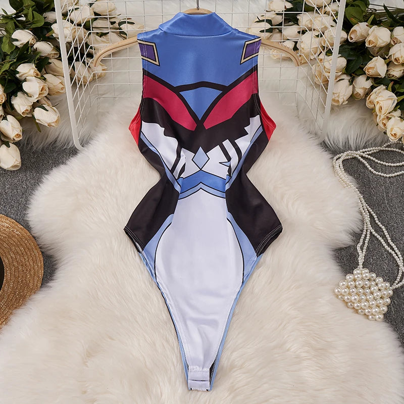 Cartoon Print High Neck Jumpsuit Hollow Sleeveless Slim Bodysuit Hero Cosplay Uniform Cute Sweet Women's Pajamas Rompers Catsuit