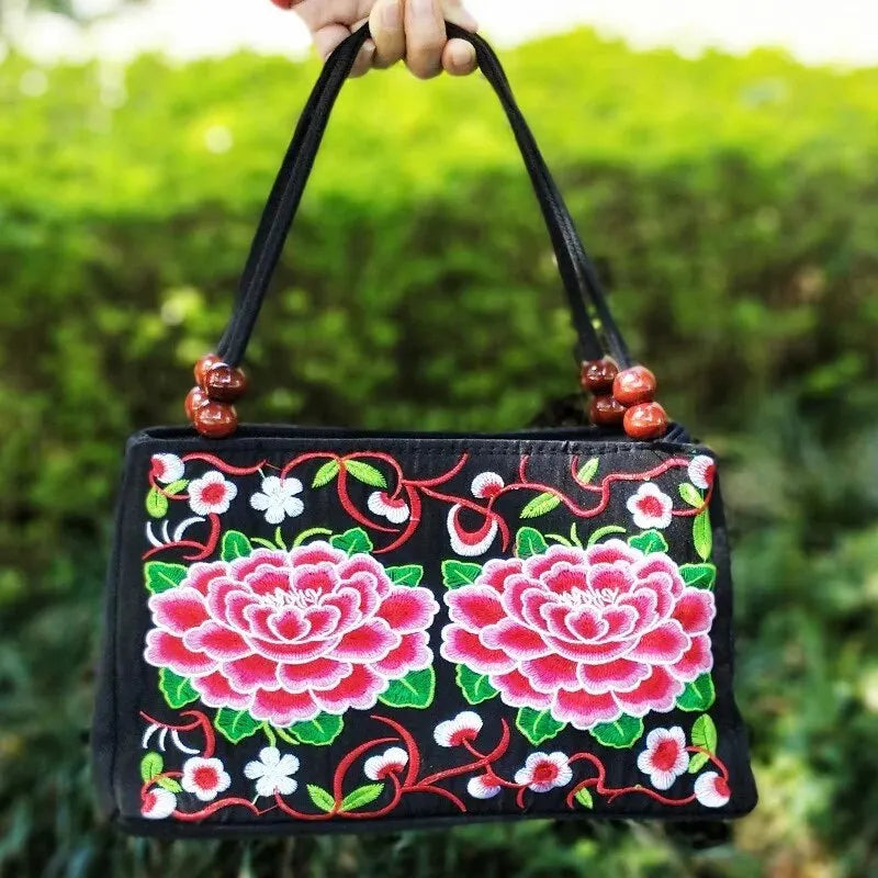 Stylish Floral Embroidered Handbag, Trendy Zipper Canvas Bag, Women's Fashion Purses