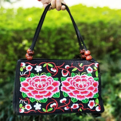 Stylish Floral Embroidered Handbag, Trendy Zipper Canvas Bag, Women's Fashion Purses