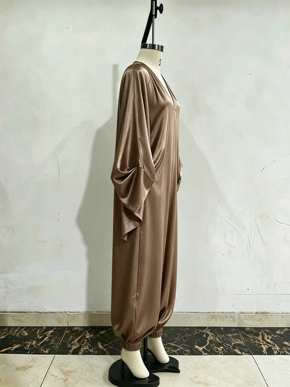 New Spring Autumn Solid V Neck Batwing Sleeve Loose Jumpsuit Women Fashion Satin Wide Leg Pants Jumpsuits Casual Holiday Rompers