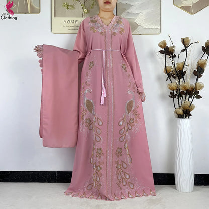 2026New Dubai Muslim Women Modest Dress Diamond Chiffon Elegant Arabic Femme Hijab African Abaya Islamic Long Sleeve Turkey Robe