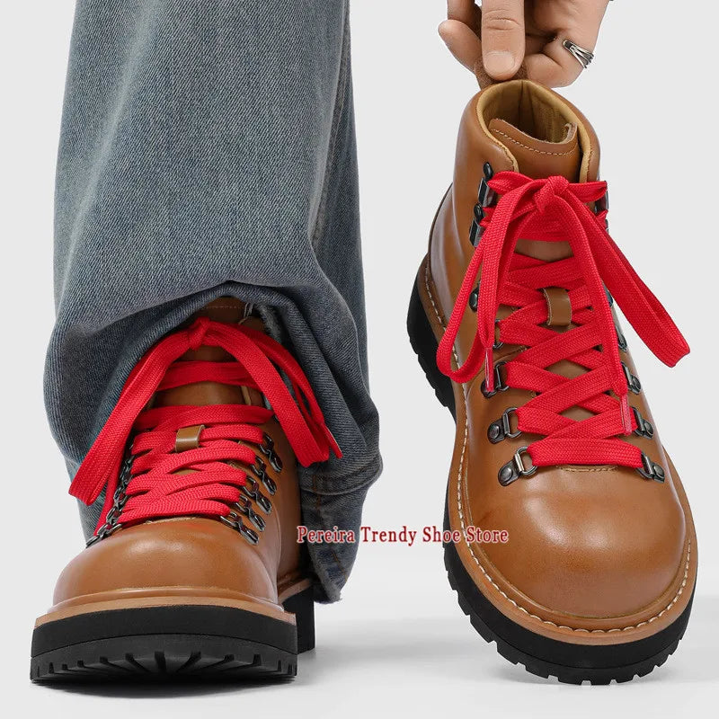 Brown Suede Platform Motorcycle Boots for Men Retro Thick Soled Round Toe Lace-Up Ankle Boots Autumn Winter New Men's Shoes