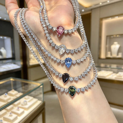Smyoue Water Drop Moissanite Tennis Necklace for Women Female Choker Chain Gradient Round Stone Real S925 Silver Full Diamond