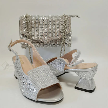 Hot Selling Blue Mid Heel Women Crystal Design Sandal with Rhinestone Bag Set For Lady Party Rhinestone Sandal Shoes F1207-3