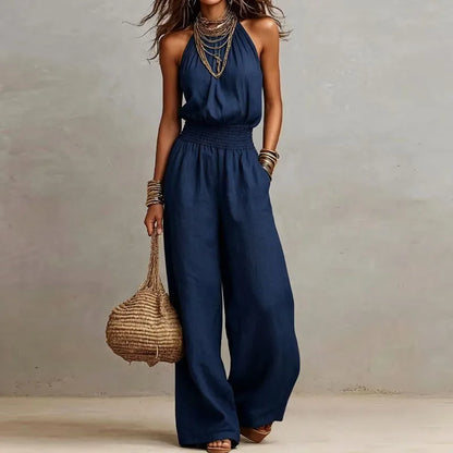 Spring Summer Solid High Waist Woman Jumpsuits Elegant Halter Tie-up Backless Rompers Casual Sleeveless Wide Leg Pocket Overalls