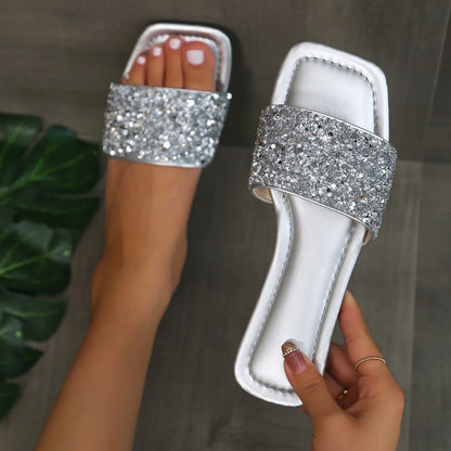 Glitter Bling Women Slippers Summer New Flat Beach Slippers Women Outdoor Luxury Sandals Designer Plus Size Shoes Slides Women