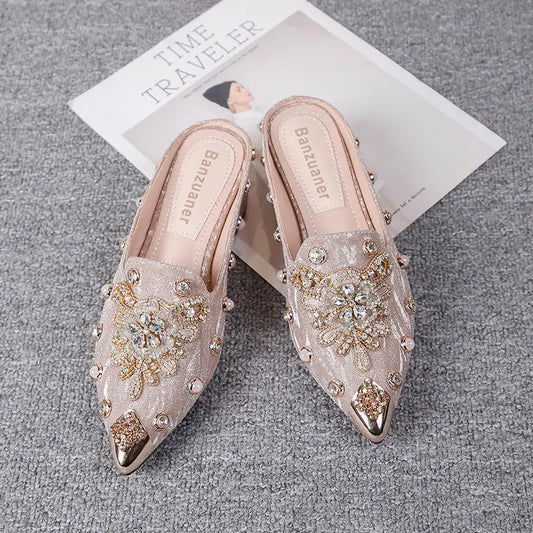 Mules Shoes Women Sandals Ladies Elegant Rhinestone Designer Mirror Luxury Party Slipper Summer New 2026 Slippers Fashion Roman