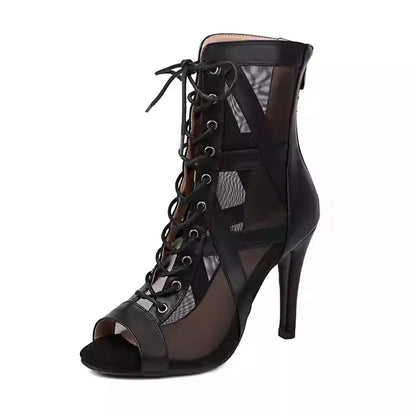 3.7 inches Sexy Women's 9.5cm Platform Ankle Booties Gothic Open Toe Twisted buttocks Dance Shoes Stage Breathable Mesh Punk