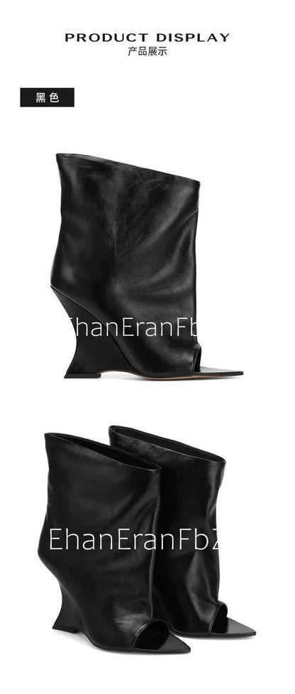 2006SoleLadies'-Spring/Summer-New-Fish-Mouth-Slope-High-Heel-Short-Boots-with-Pointed-Toe-Exposed-Cool-Boots,-Mid-Top-Boots